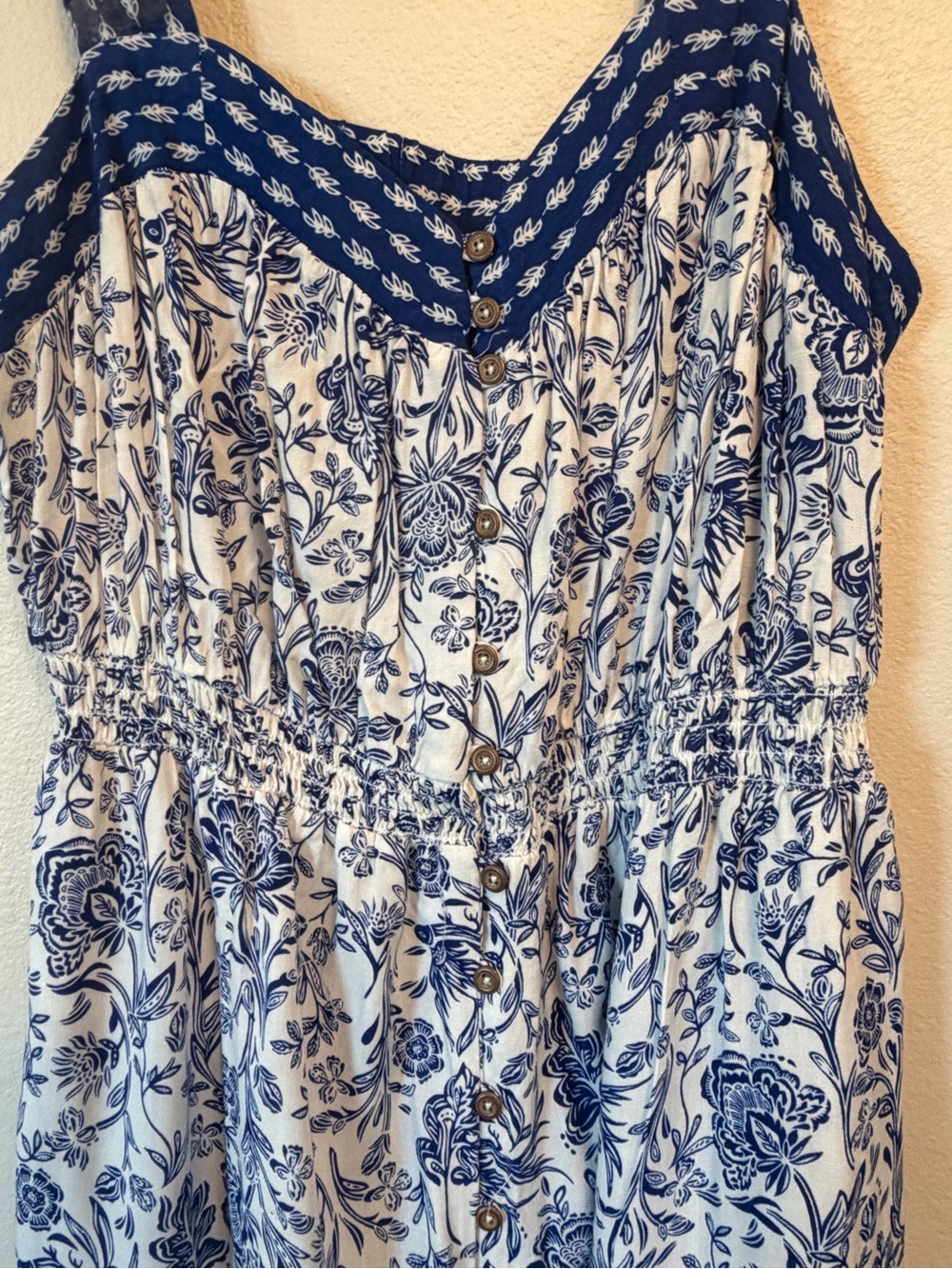 Knox Rose Blue/Wht Toile Sundress w/Smocked Waist Wide Straps for Comfort Sz M